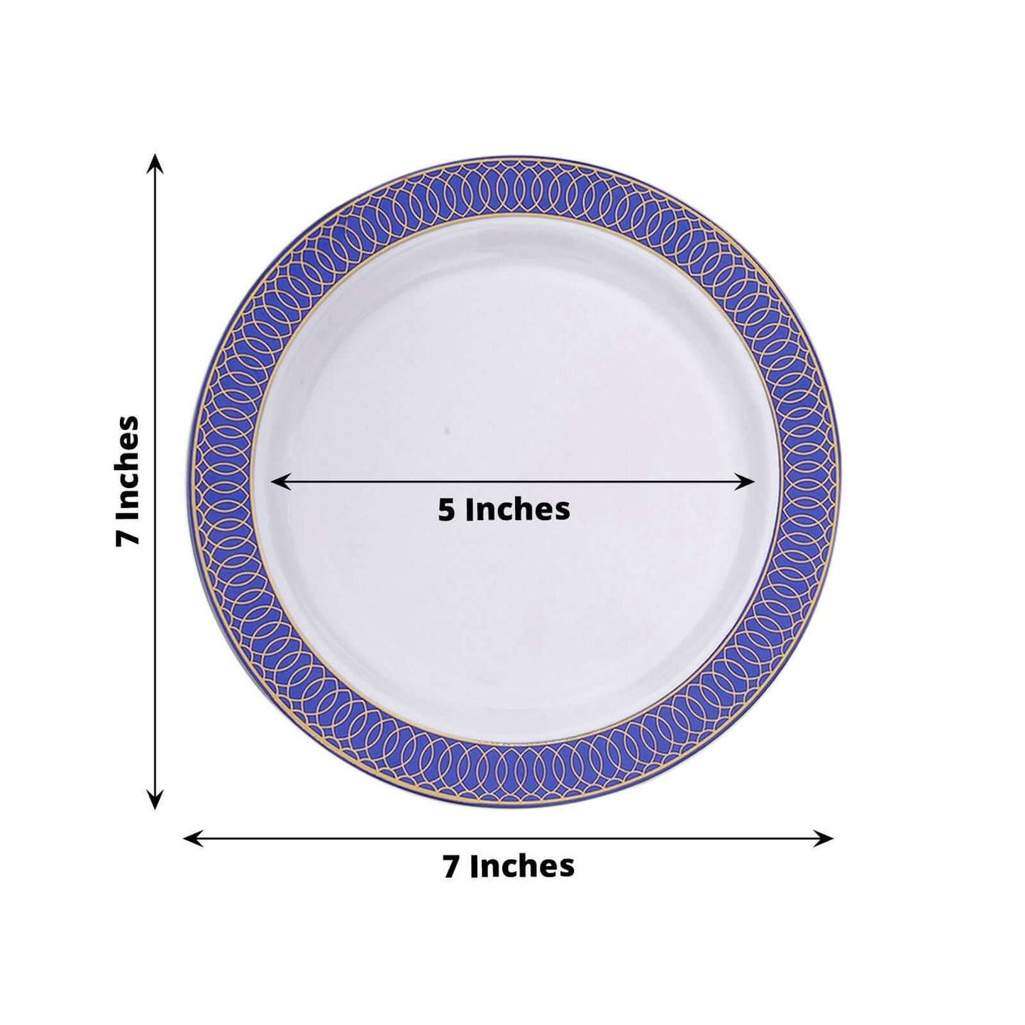 10-Pack Plastic Round Dessert Plates 7" White with Navy Blue Gold Spiral Rim - Disposable Salad Plates