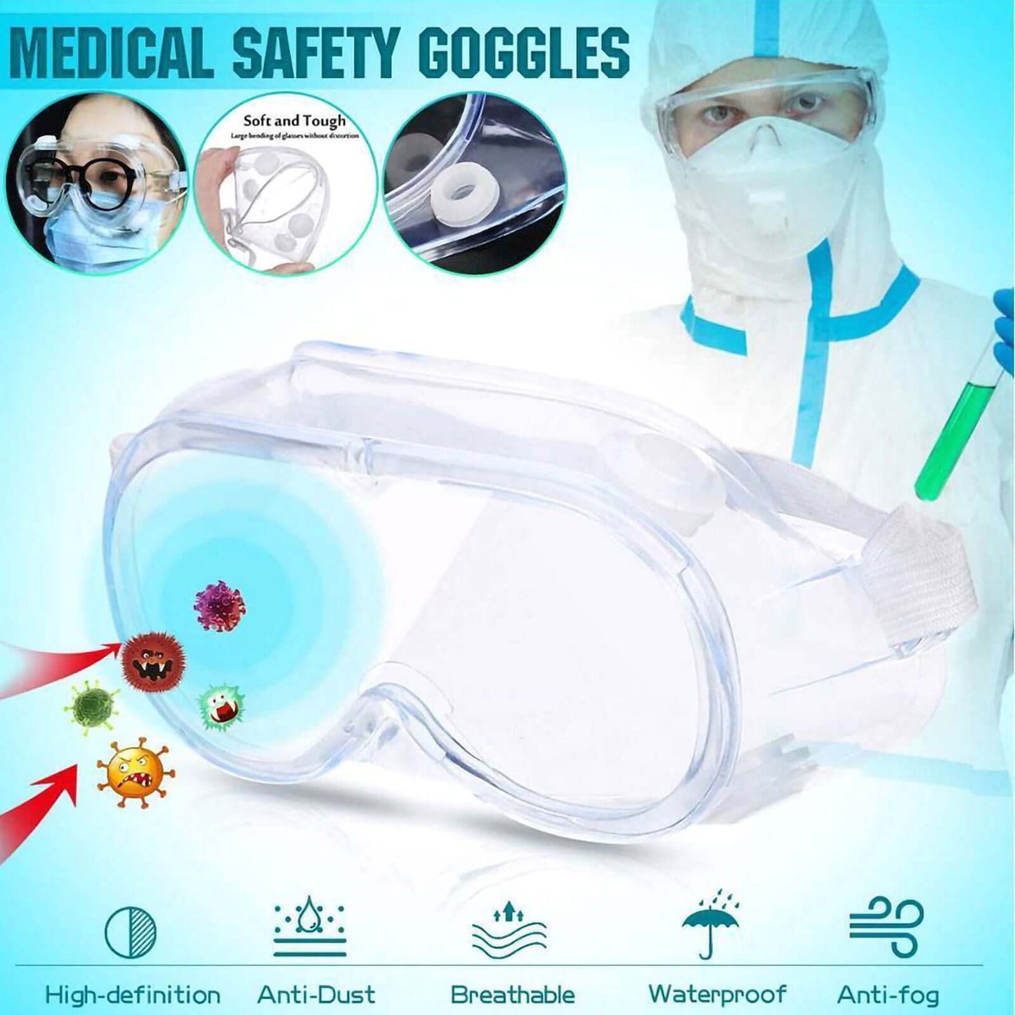 Adjustable Protective Goggles, Safety Eyewear With Anti Fog Coating and Air Vents