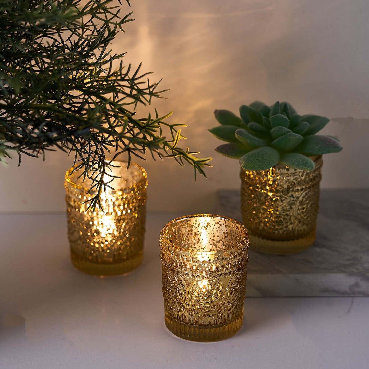 6-Pack Gold Glass Votive Tealight Holders - Stylish Primrose Design for Weddings & DÃ©cor