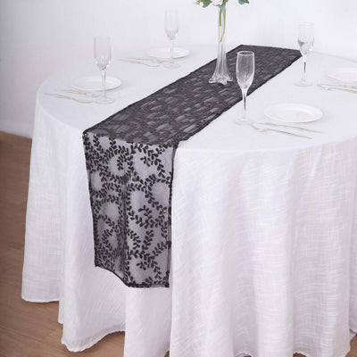 Mesh 12’’x108’’ Table Runner Black - Leaf Vine Embroidery - Runners