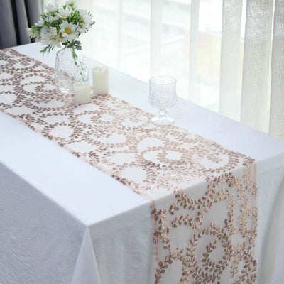 Mesh 12’’x108’’ Table Runner Rose Gold - Leaf Vine Embroidery - Runners