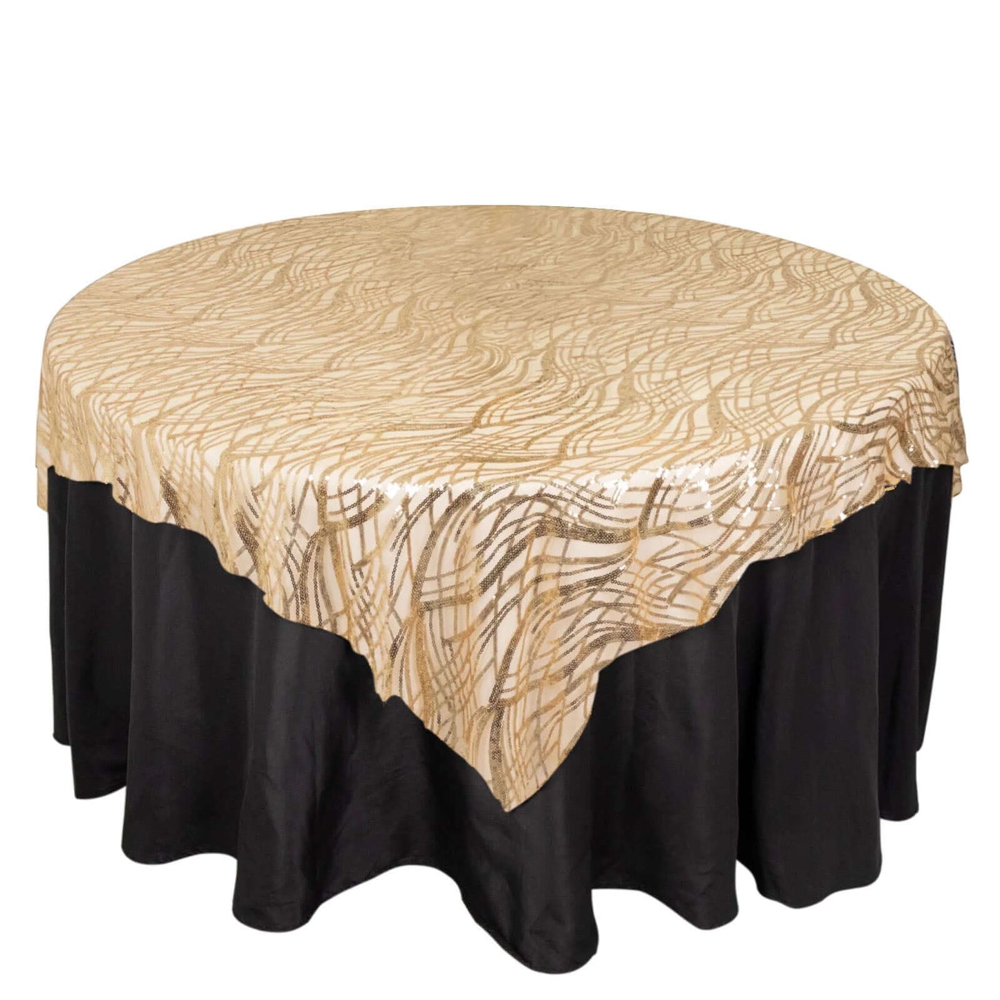 Mesh 72"x72" Table Overlay Square Tablecloth Champagne - Wave Embroidered Sequins Table Topper