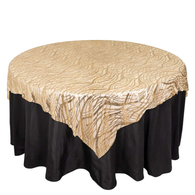Mesh 72"x72" Table Overlay Square Tablecloth Champagne - Wave Embroidered Sequins Table Topper