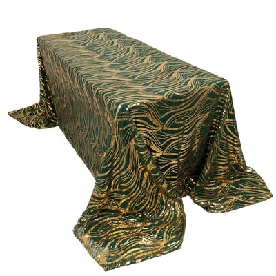 Mesh 90’’x156’’ Rectangle Tablecloth Hunter Emerald Green/Gold - Wave Sequin Embroidered Table Cover - Tablecloths