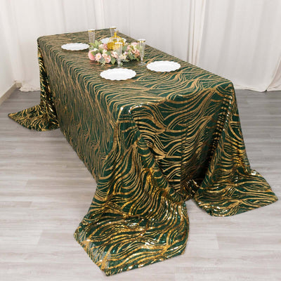 Mesh 90’’x156’’ Rectangle Tablecloth Hunter Emerald Green/Gold - Wave Sequin Embroidered Table Cover - Tablecloths