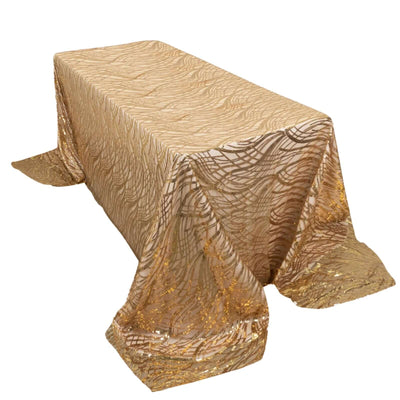 Mesh 90’’x156’’ Rectangle Tablecloth Rose Gold/Gold - Wave Sequin Embroidered Table Cover - Tablecloths
