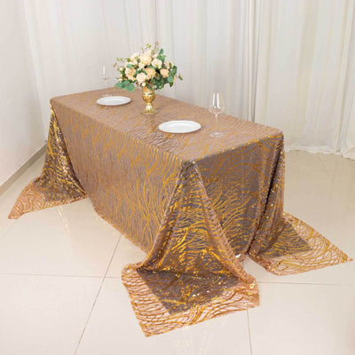 Mesh 90’’x156’’ Rectangle Tablecloth Rose Gold/Gold - Wave Sequin Embroidered Table Cover - Tablecloths