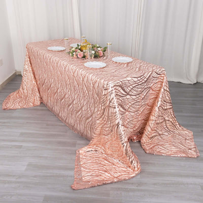 Mesh 90’’x156’’ Rectangle Tablecloth Rose Gold - Wave Sequin Embroidered Table Cover - Tablecloths