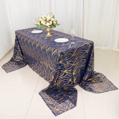 Mesh 90’’x156’’ Rectangle Tablecloth Royal Blue/Gold - Wave Sequin Embroidered Table Cover - Tablecloths