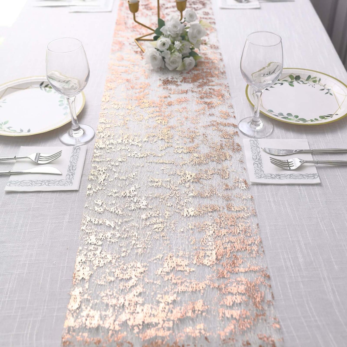 Mesh Polyester 108" Table Runner Roll Metallic Rose Gold - Distressed Foil Look Disposable Table Decor