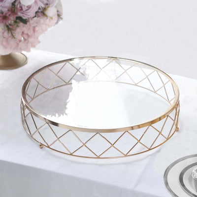 Metal Cake Stand Geometric Diamond Cut Design Gold with Glass Top - Dessert Display Riser 14’’ - Cake Stands
