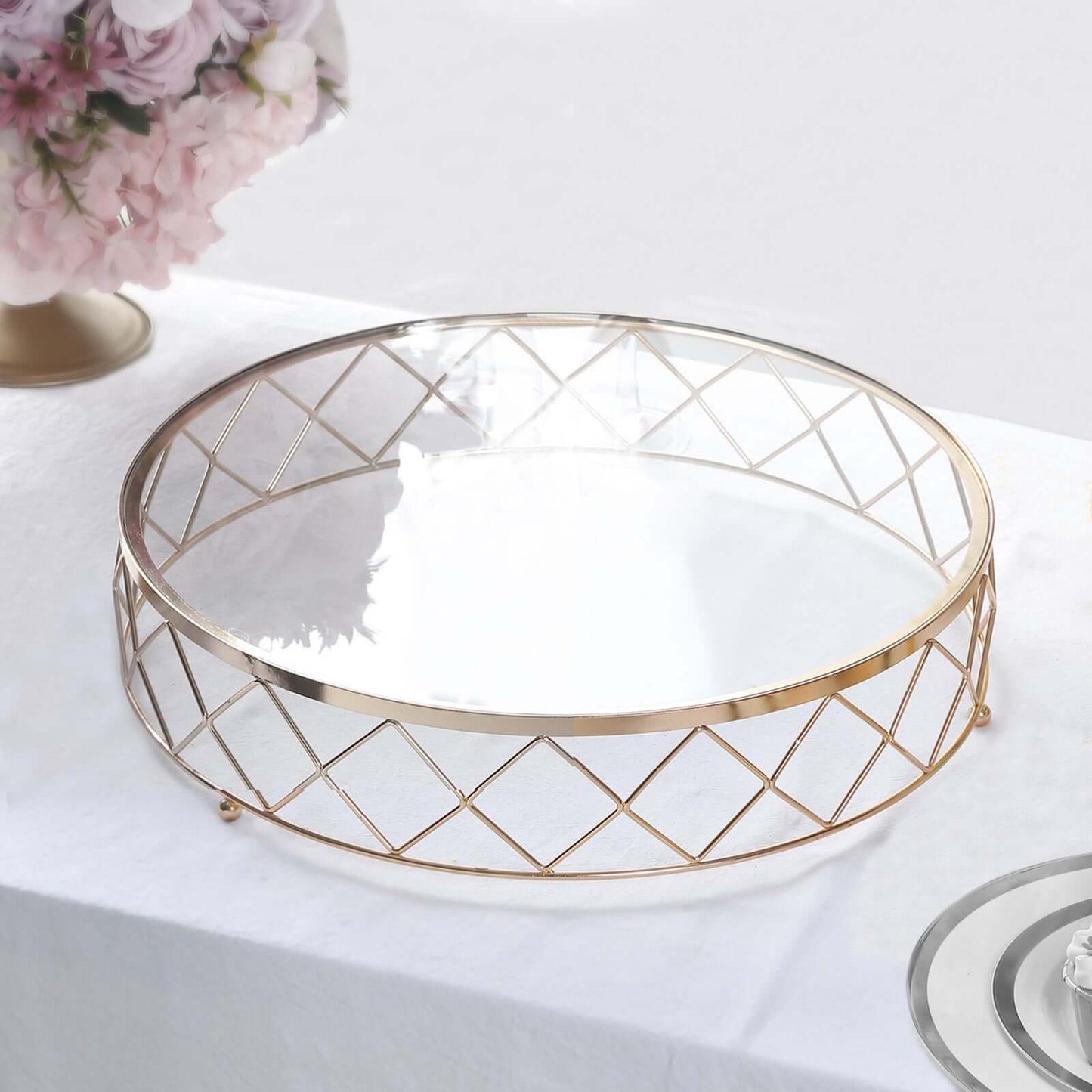 Metal Cake Stand Geometric Diamond Cut Design Gold with Glass Top - Dessert Display Riser 14"