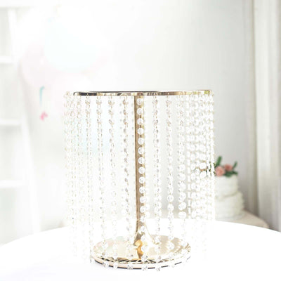 Metal Cake Stand Round Design Metallic Gold with Crystal Chains 14’’ Dia - Cupcake Dessert Pedestal 16’’Tall - Cake