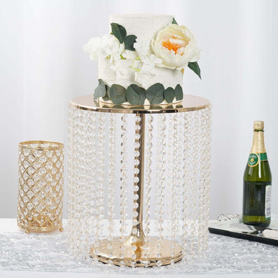 Metal Cake Stand Round Design Metallic Gold with Crystal Chains 14’’ Dia - Cupcake Dessert Pedestal 16’’Tall - Cake