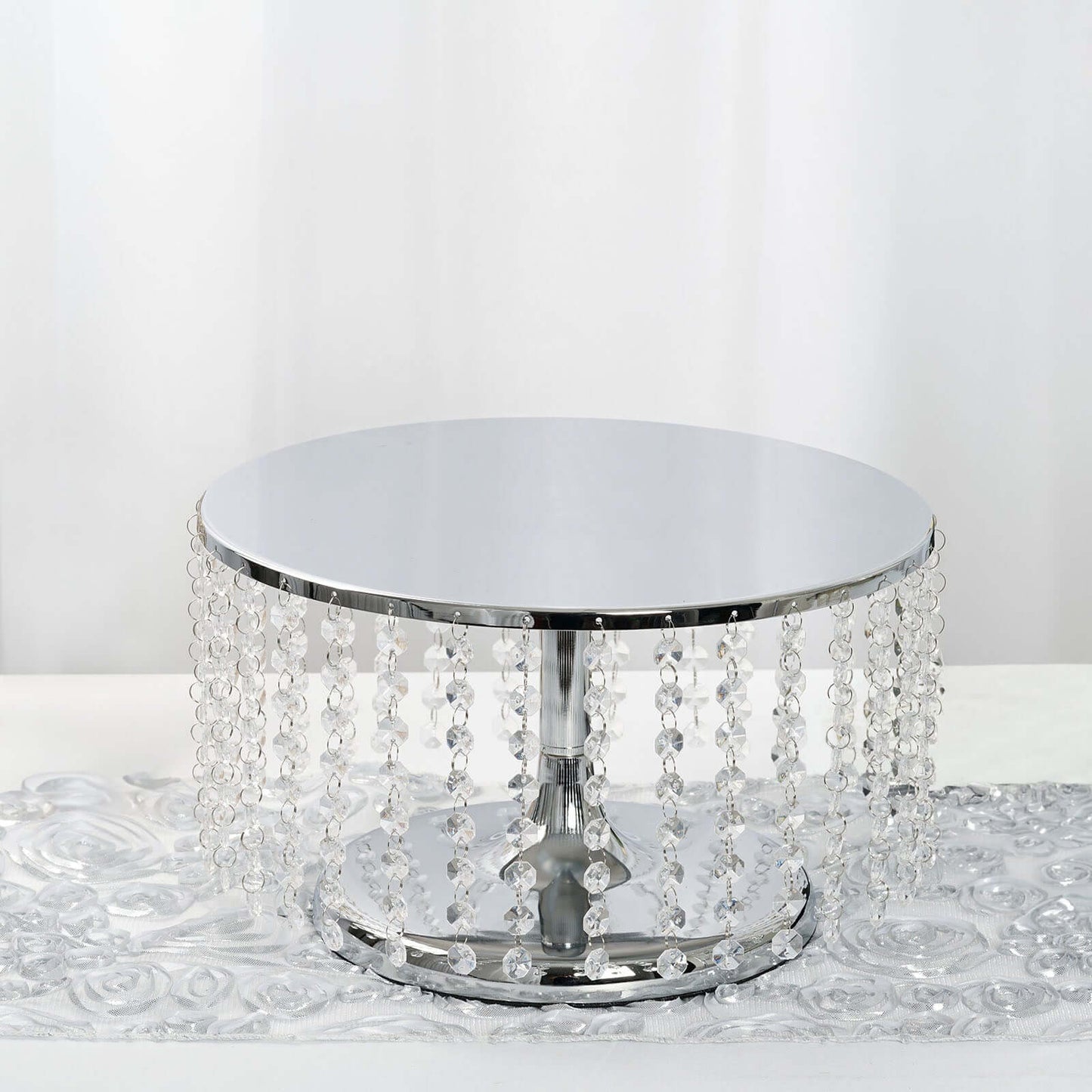Metal Cake Stand Round Design Metallic Silver with Crystal Chains 14" Dia - Cupcake Dessert Pedestal 8" Tall