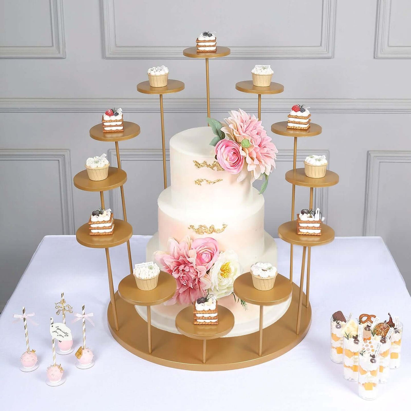 Metal Cake Stand with 12-Arm Tiered Cupcake Holders Gold - Layered Dessert Display Tower Centerpiece for Luxurious Weddings Gala Events & Dessert Buffets 29"