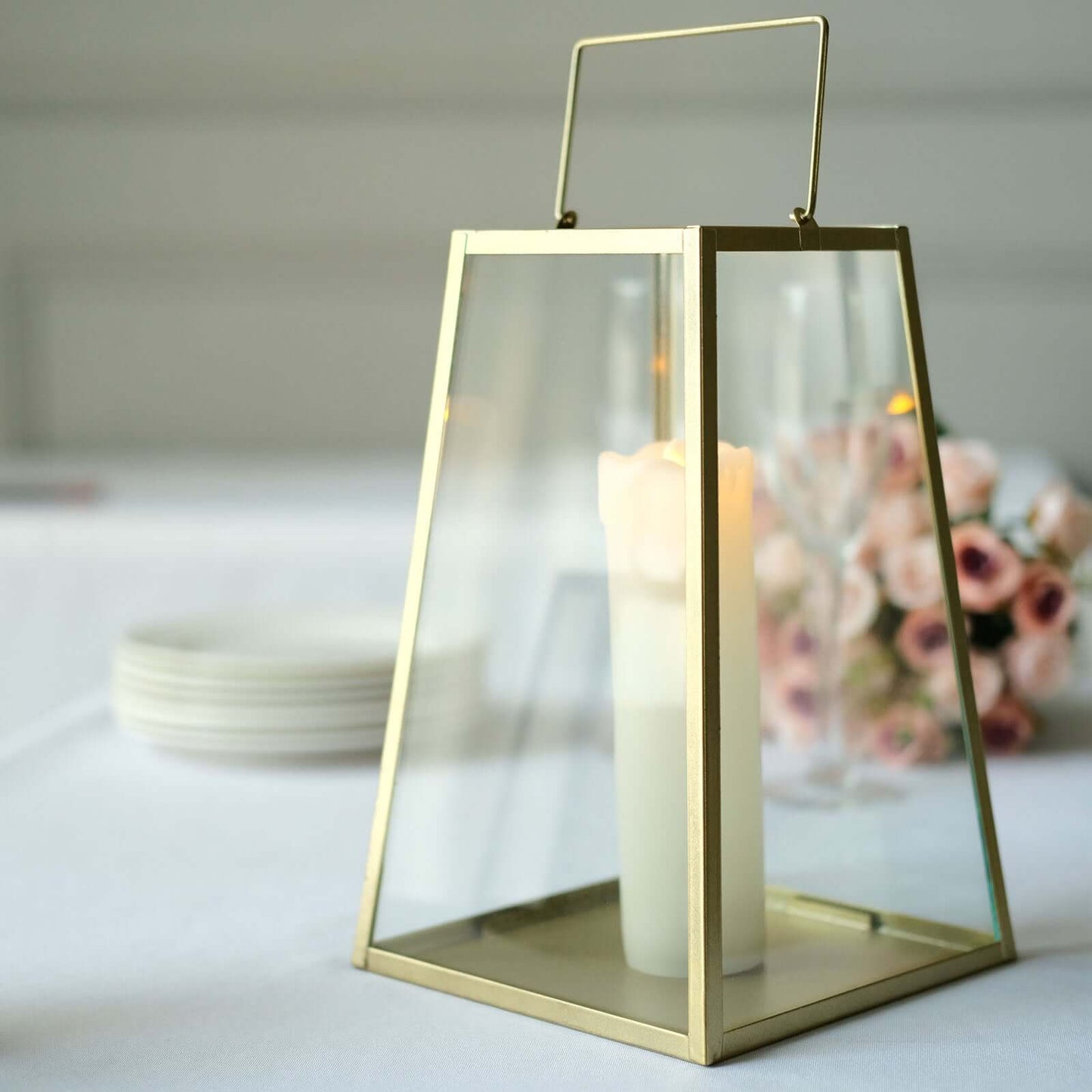 Metal Candle Lantern Trapezoid Geometric Design Gold - Hanging Terrarium Table Centerpiece for Indoor/Outdoor 10"