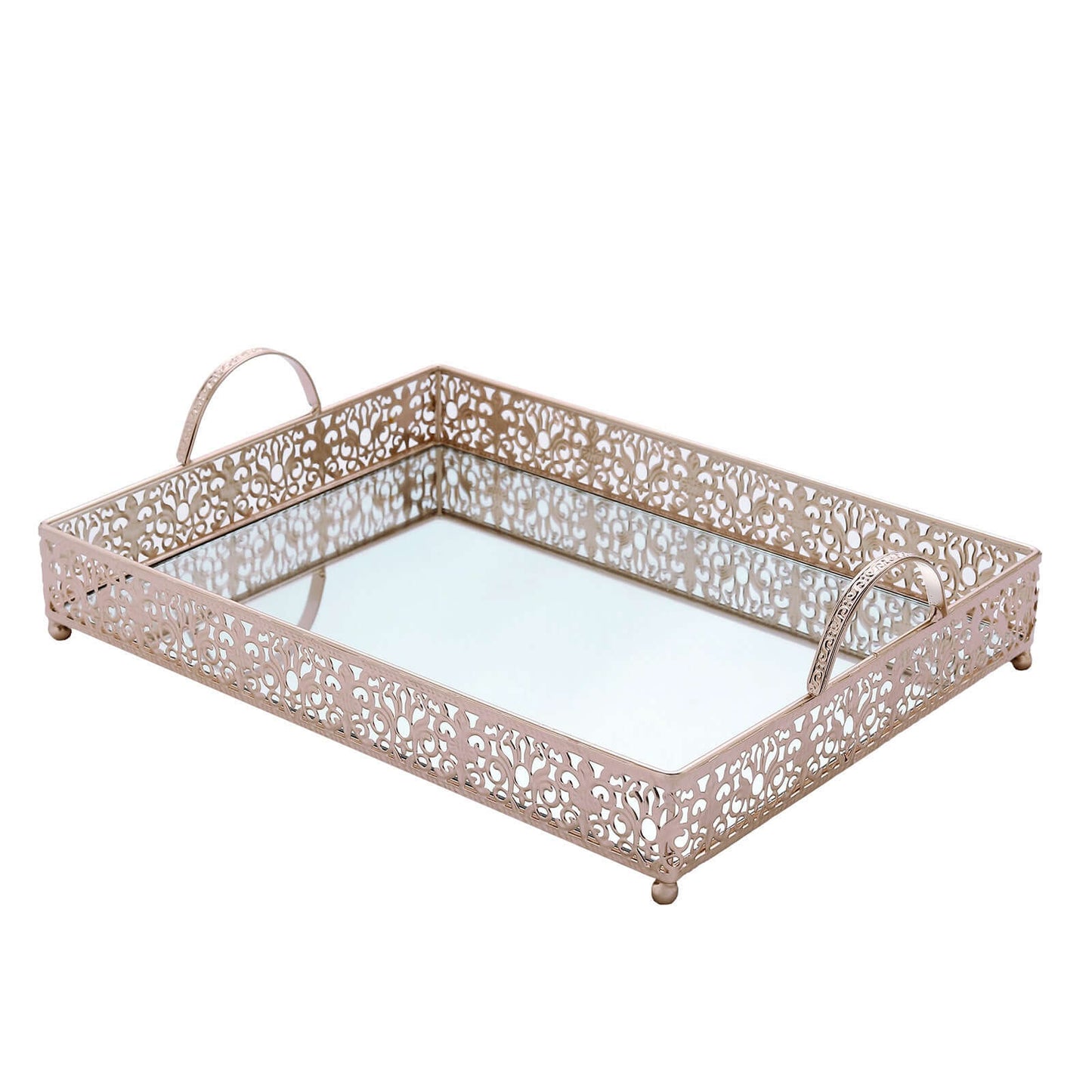 Metal Mirrored Rectangle Serving Tray 16"x12" in Rose Gold Fleur De Lis Design with Handles, French Inspired Decorative Vanity Tray Centerpiece