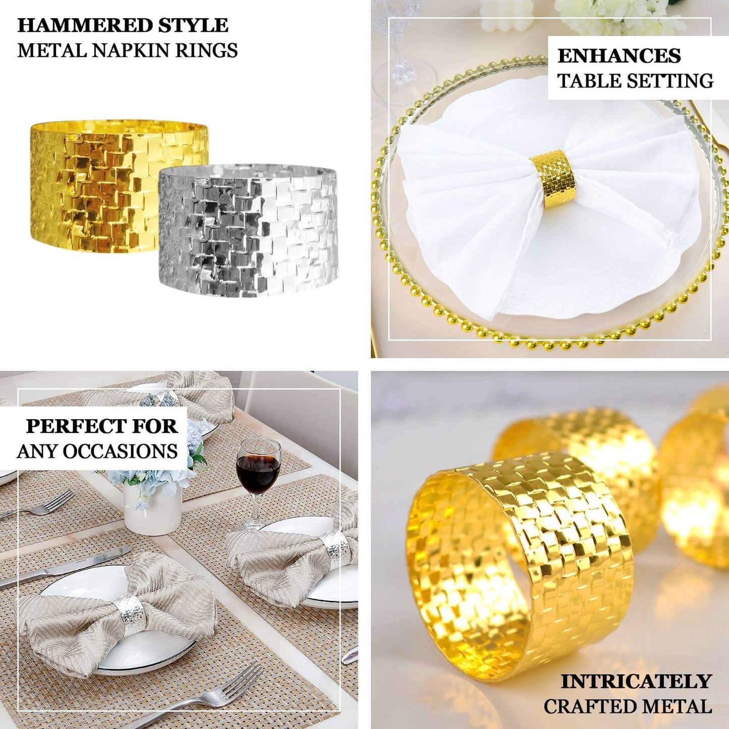 4 Pack Shiny Gold Basket Weave Napkin Rings, Metallic Napkin Holders
