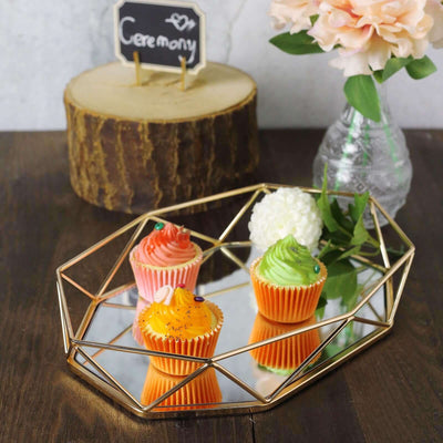 Metal Octagon Serving Tray 14"x9" in Gold with Mirrored Top, Sleek Decorative Vanity Tray Centerpiece