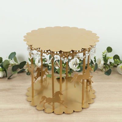 Metal Round Pedestal Cake Stand Gold Carousel Design with Hanging Acrylic Beads for Cupcakes & Pastries 14’’ - Cake
