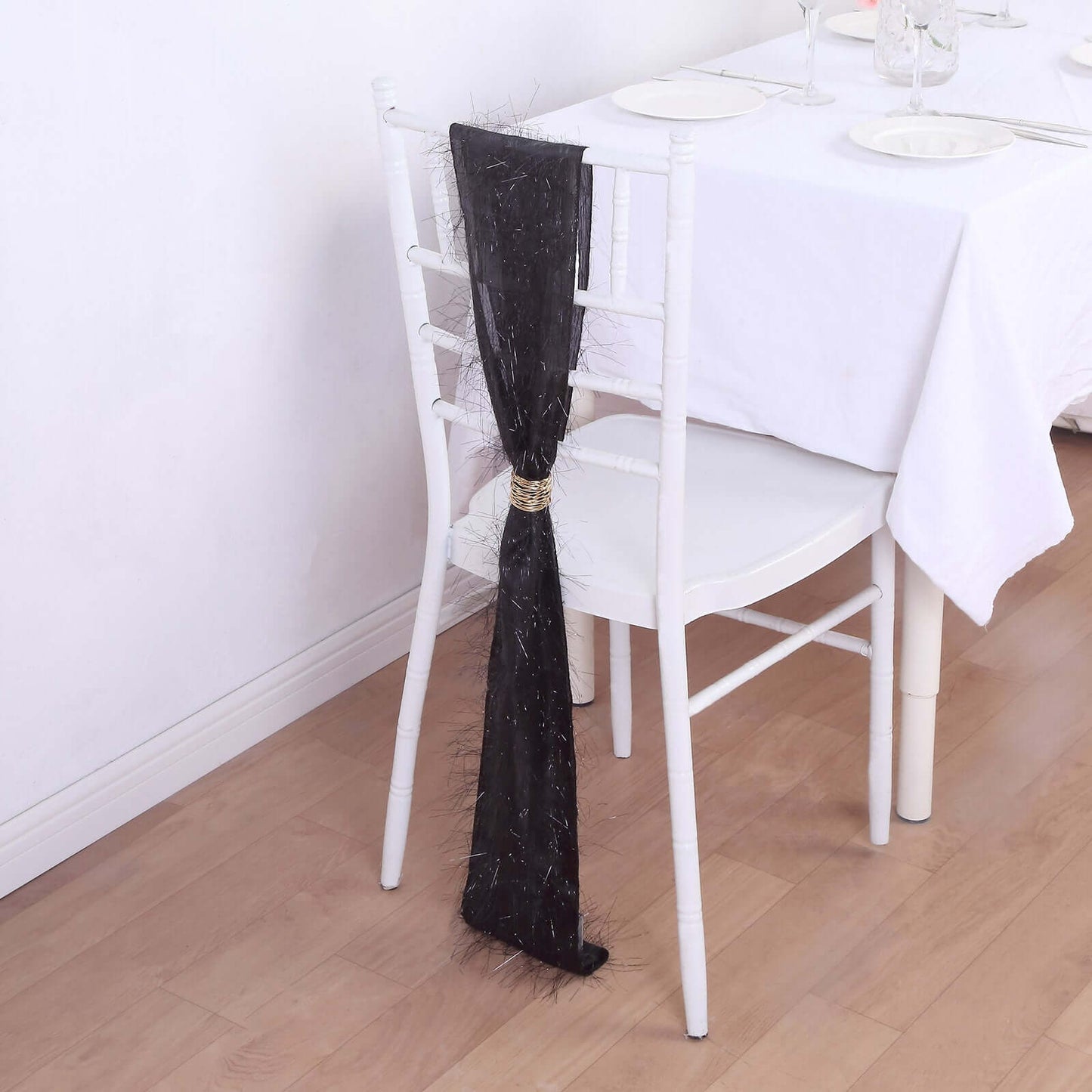 5 Pack Polyester Chair Sashes Black Metallic Tinsel Fringe - Easy to Use Chair Bows 6"x108"
