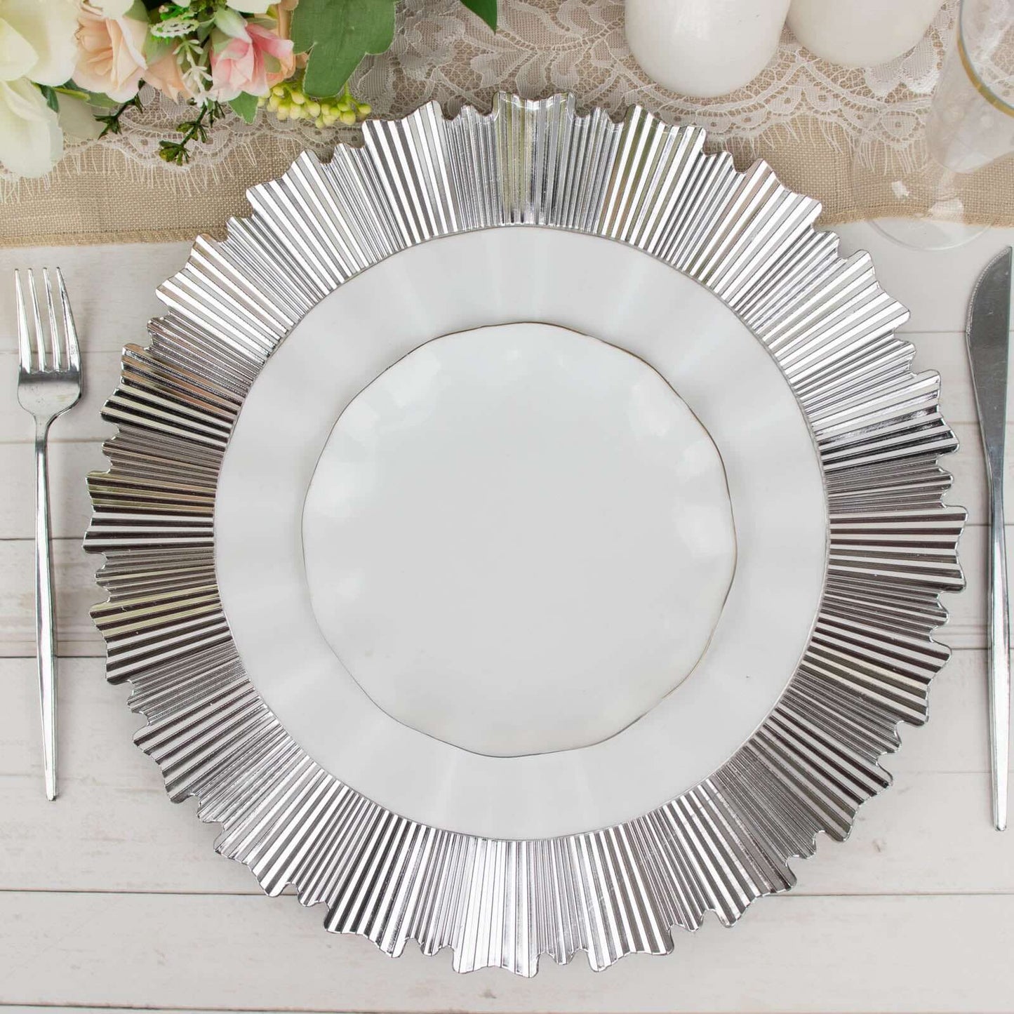 6-Pack Acrylic Plastic Round Charger Plates 13" in Metallic Silver with Sunray Scalloped Rim, Decorative Dinner Party Charger Tableware