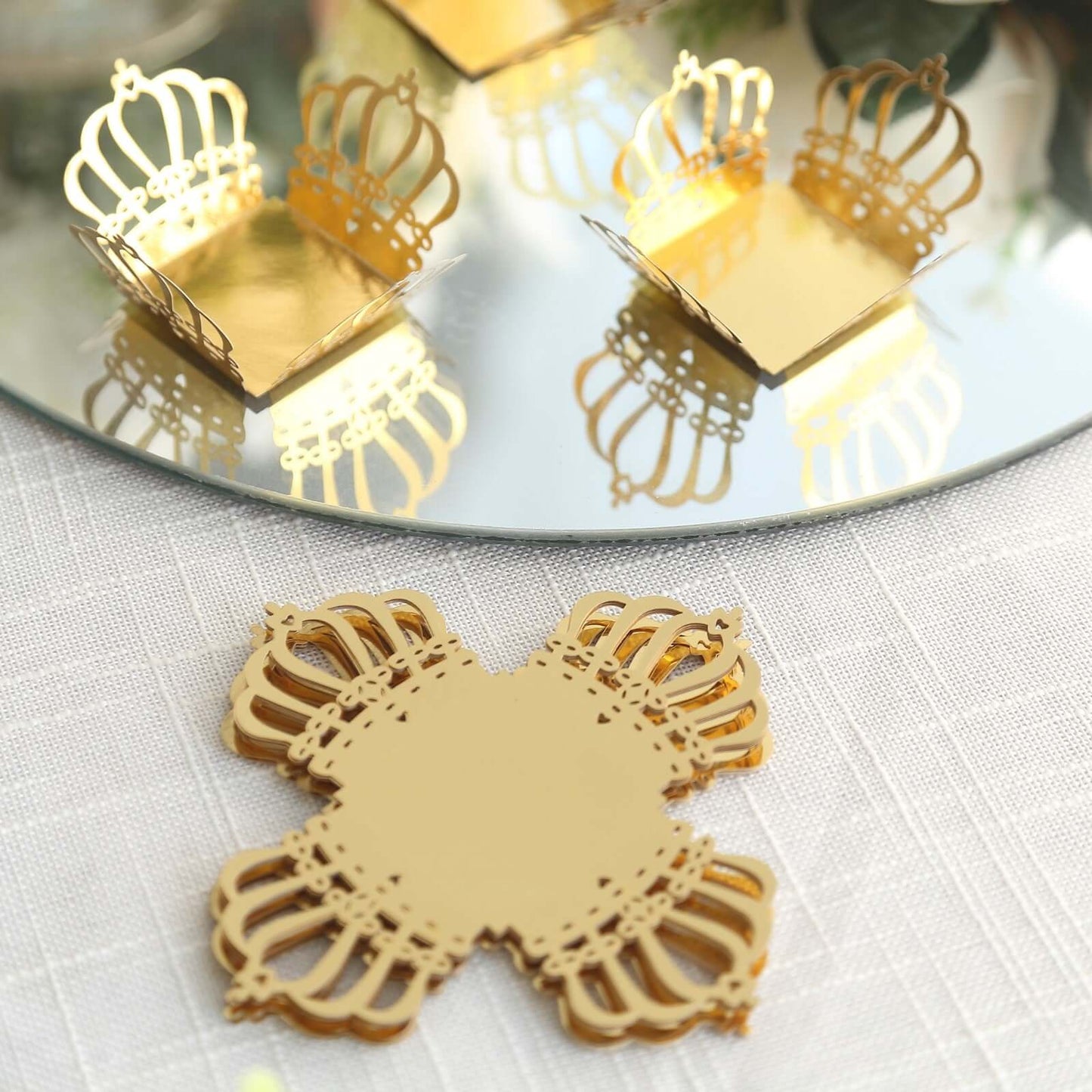 50-Pack Mini Paper Truffle Cup Liners Crown Square Design Metallic Gold - 225GSM Cupcake Tray Wrappers 4"