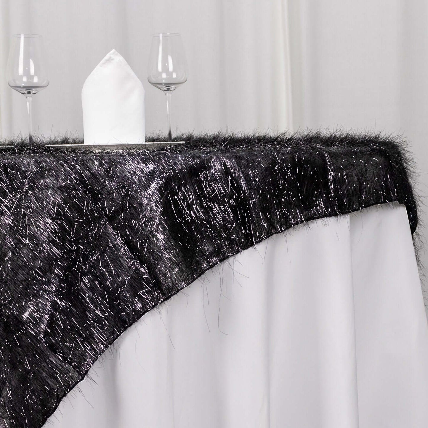 Polyester 72"x72" Table Overlay Square Tablecloth Black - Metallic Fringe Shag Tinsel Table Cover