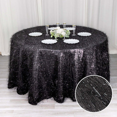 Polyester 120" Round Black Tablecloth Metallic Fringe Shag Tinsel Table Cover
