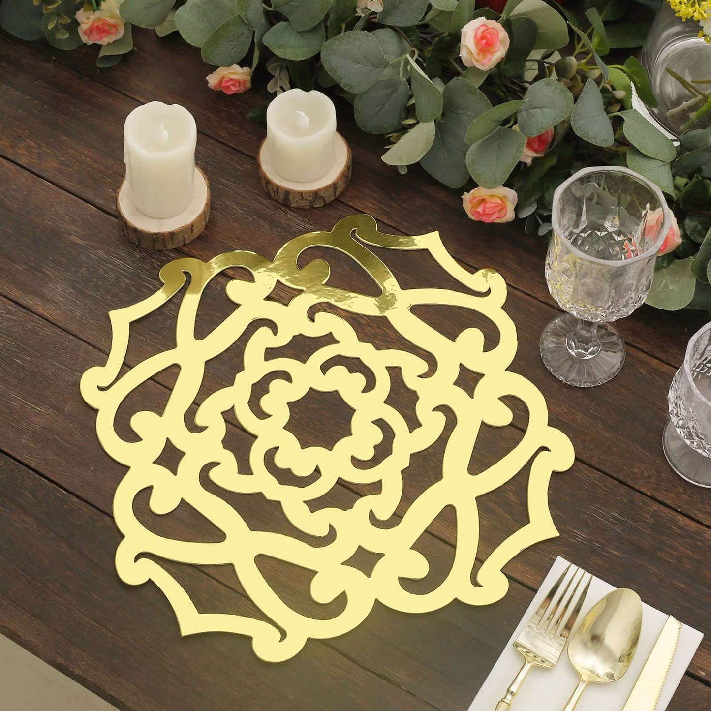 6-Pack Disposable Table Placemats in Metallic Gold Laser Cut Flower Design - 700GSM Cardboard Placemats for Glamorous Table Settings 13"