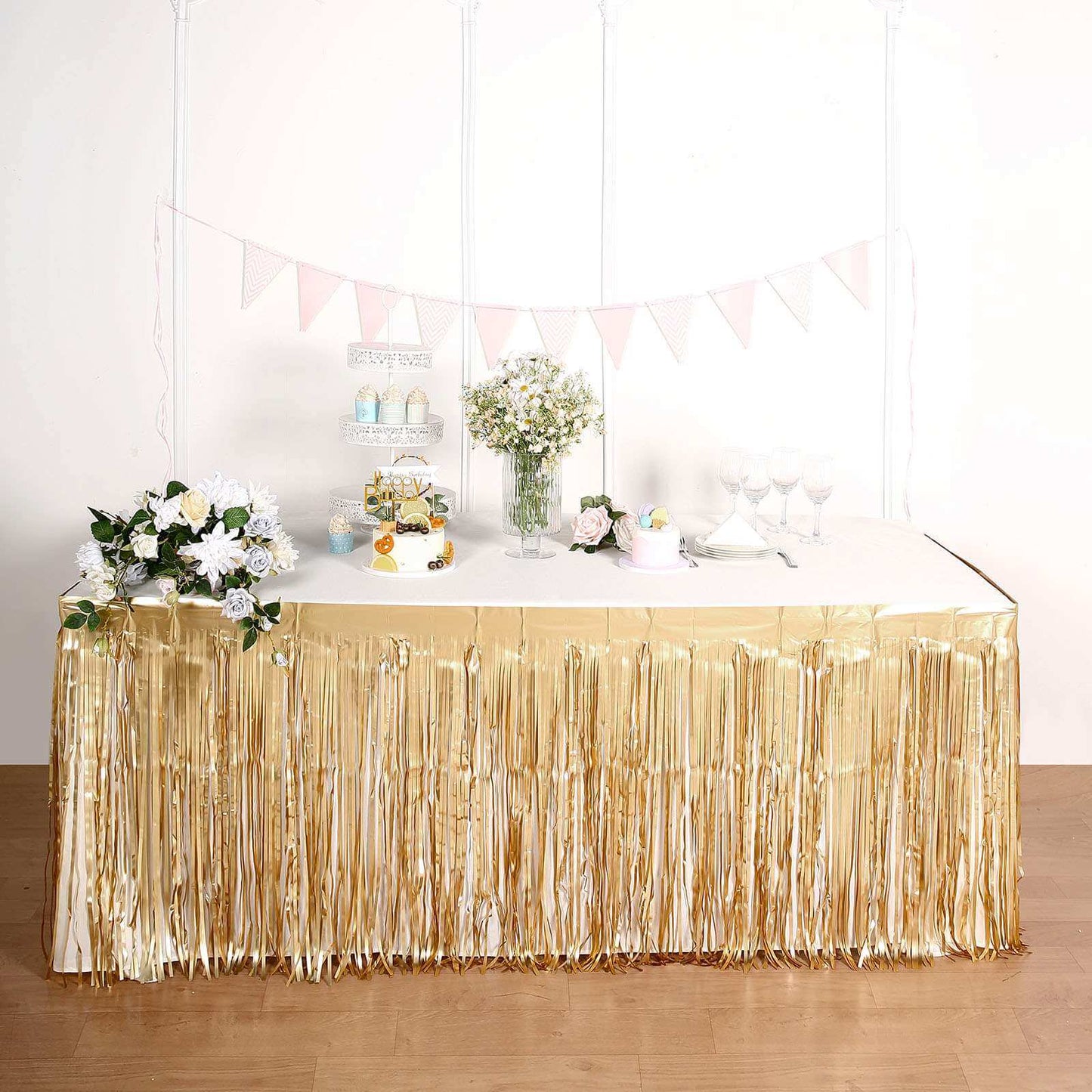 Metallic Foil Fringe Table Skirt Matte Gold with Self Adhesive Backing - Durable Tinsel Skirt for Parties 30"x9ft