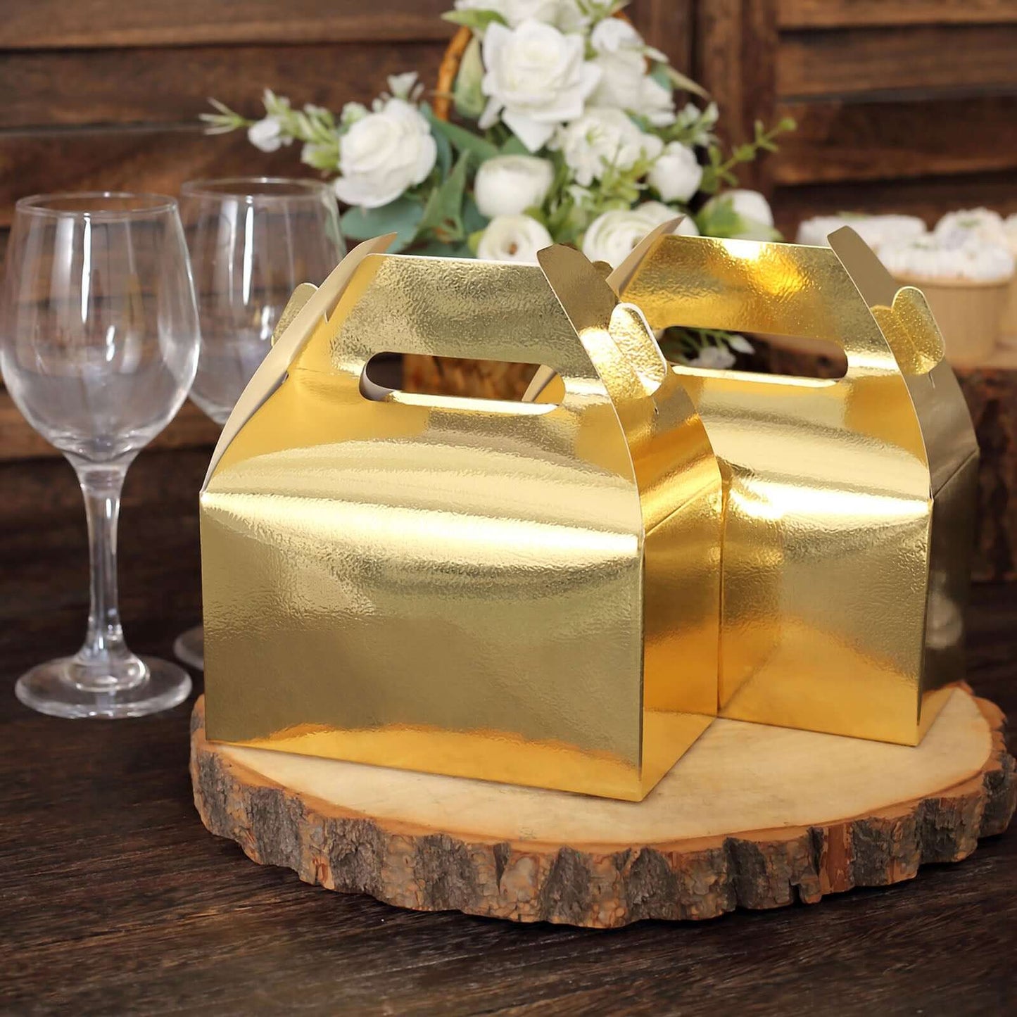 25 Pack Metallic Gold Candy Gift Tote Gable Boxes, Party Favor Treat Bags - 6"x3.5"x7"