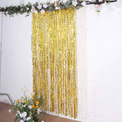 Metallic Gold Wavy Foil Fringe Party Backdrop Curly Tinsel Streamer Photo Booth Curtain - 3ftx6ft - Backdrops