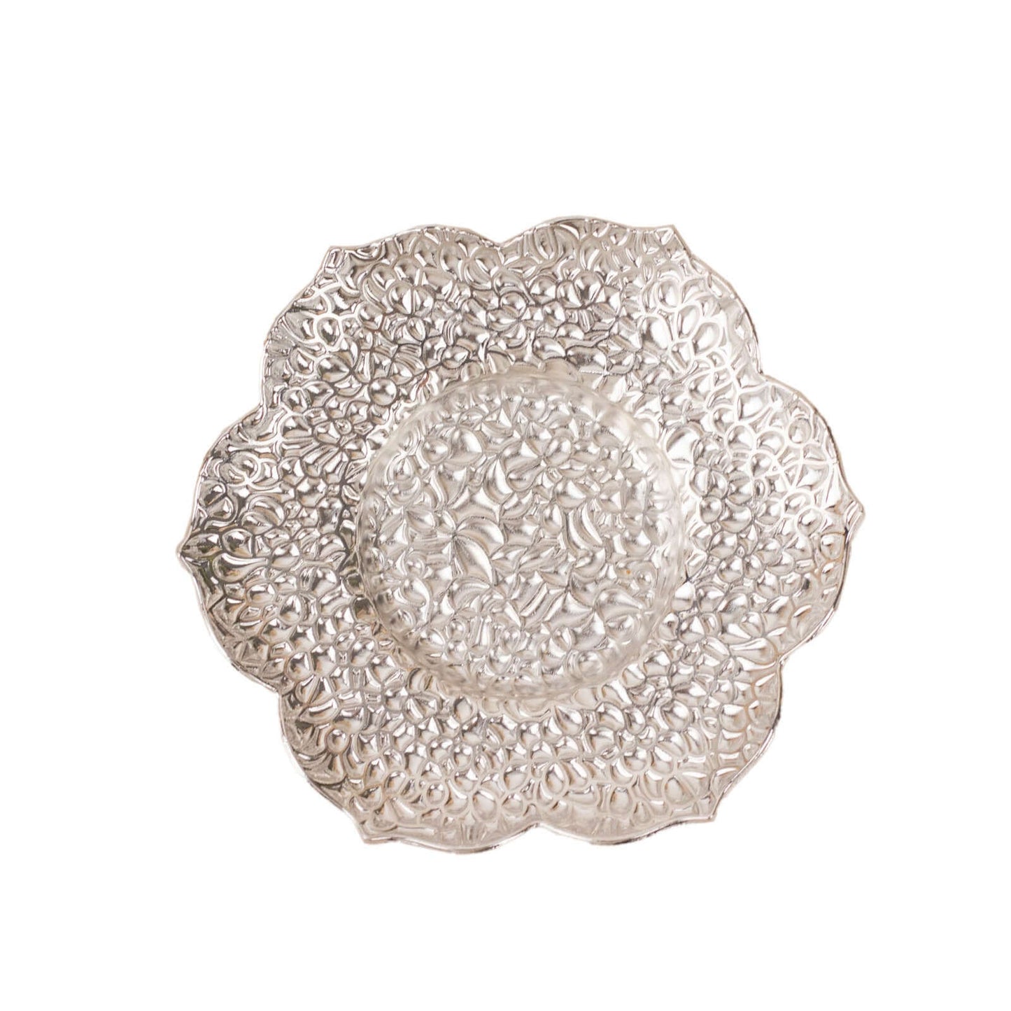 3-Pack Metal Votive Candle Holders Plum Blossom Design Shiny Silver - Vintage Mini Tea Cup Saucers 4"