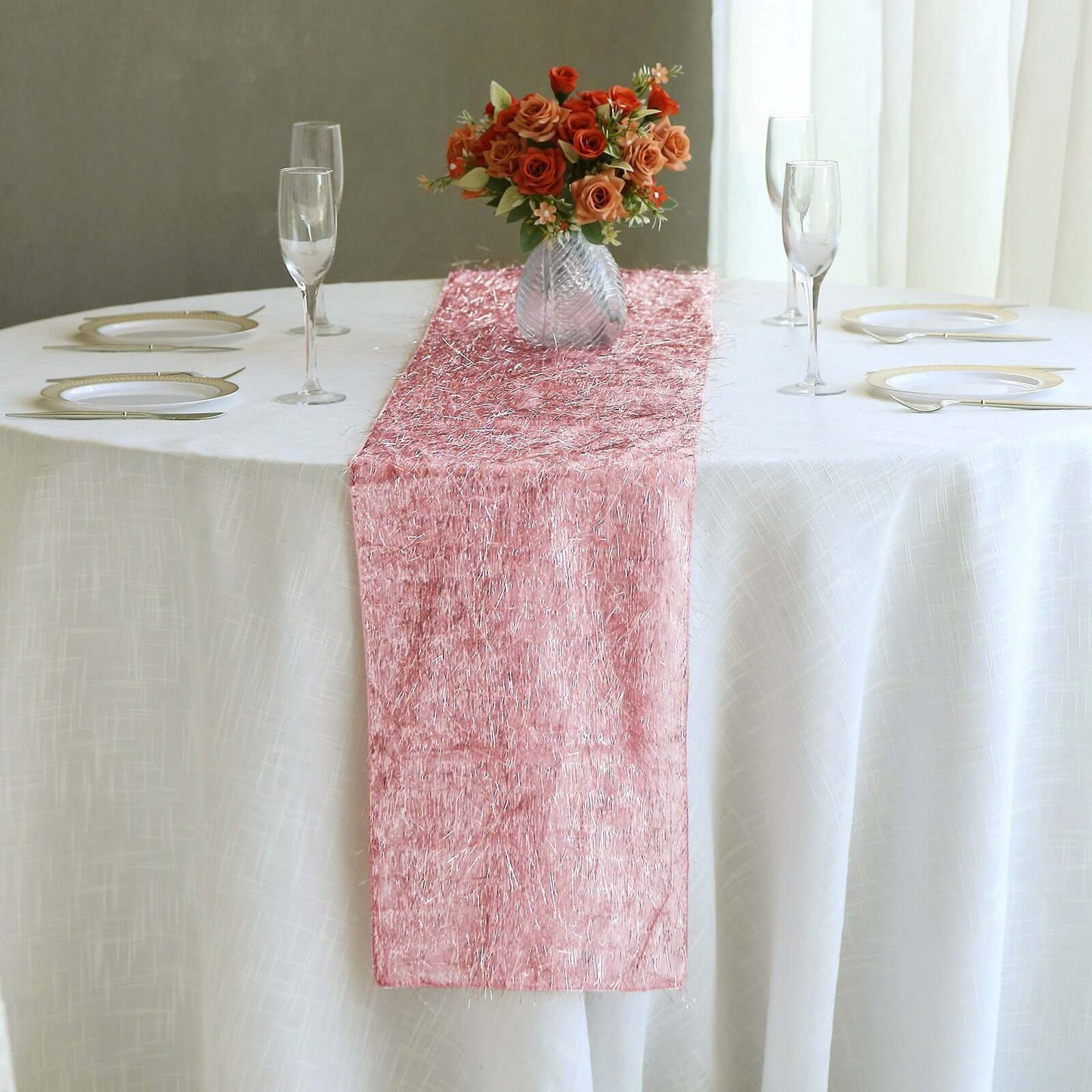 Metallic Tinsel Polyester 12"x108" Table Runner Rose Gold - Shimmery Fringe Shag Table Decor