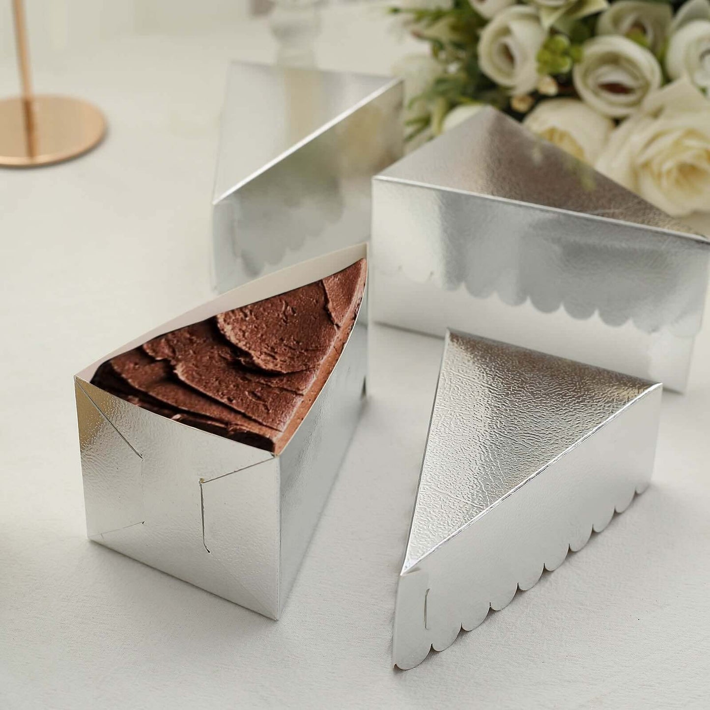 10-Pack Cardstock Triangle Cake Slice Boxes Metallic Silver with Scalloped Top - Decorative Takeaway Dessert Containers for Pie Snacks & Party Favors 5"x3"
