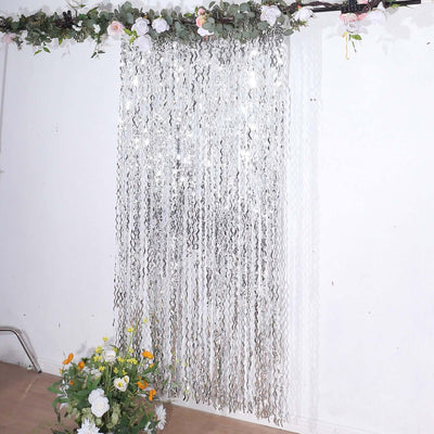 Metallic Silver Wavy Foil Fringe Party Backdrop Curly Tinsel Streamer Photo Booth Curtain - 3ftx6ft - Backdrops