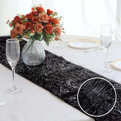 Metallic Tinsel Polyester 12’’x108’’ Table Runner Black - Shimmery Fringe Shag Table Decor - Runners