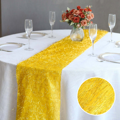 Metallic Tinsel Polyester 12’’x108’’ Table Runner Gold - Shimmery Fringe Shag Event Table Decor - Runners