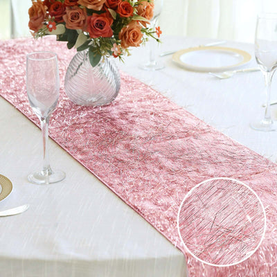 Metallic Tinsel Polyester 12’’x108’’ Table Runner Rose Gold - Shimmery Fringe Shag Table Decor - Runners