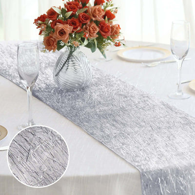 Metallic Tinsel Polyester 12’’x108’’ Table Runner Silver - Shimmery Fringe Shag Table Decor - Runners