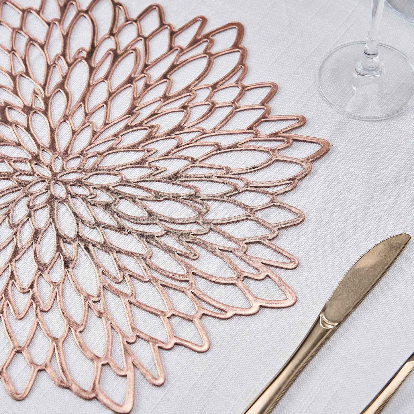 6-Pack Dining Table Mats Floral Design Rose Gold - Metallic Vinyl Round Non-Slip Mats for Tables 15"