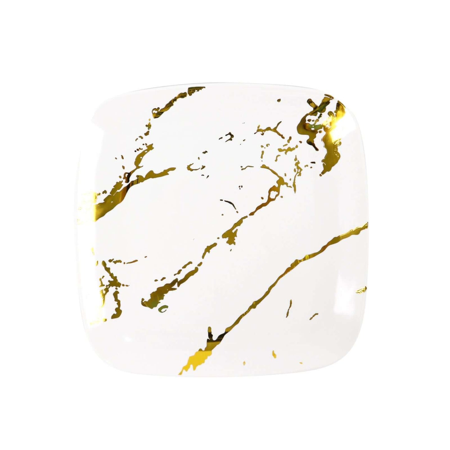 10-Pack Plastic 8" Square Dessert Plates in White with Gold Marble Design - Disposable Appetizer Salad Party Plates for Weddings, Banquets & Special Events