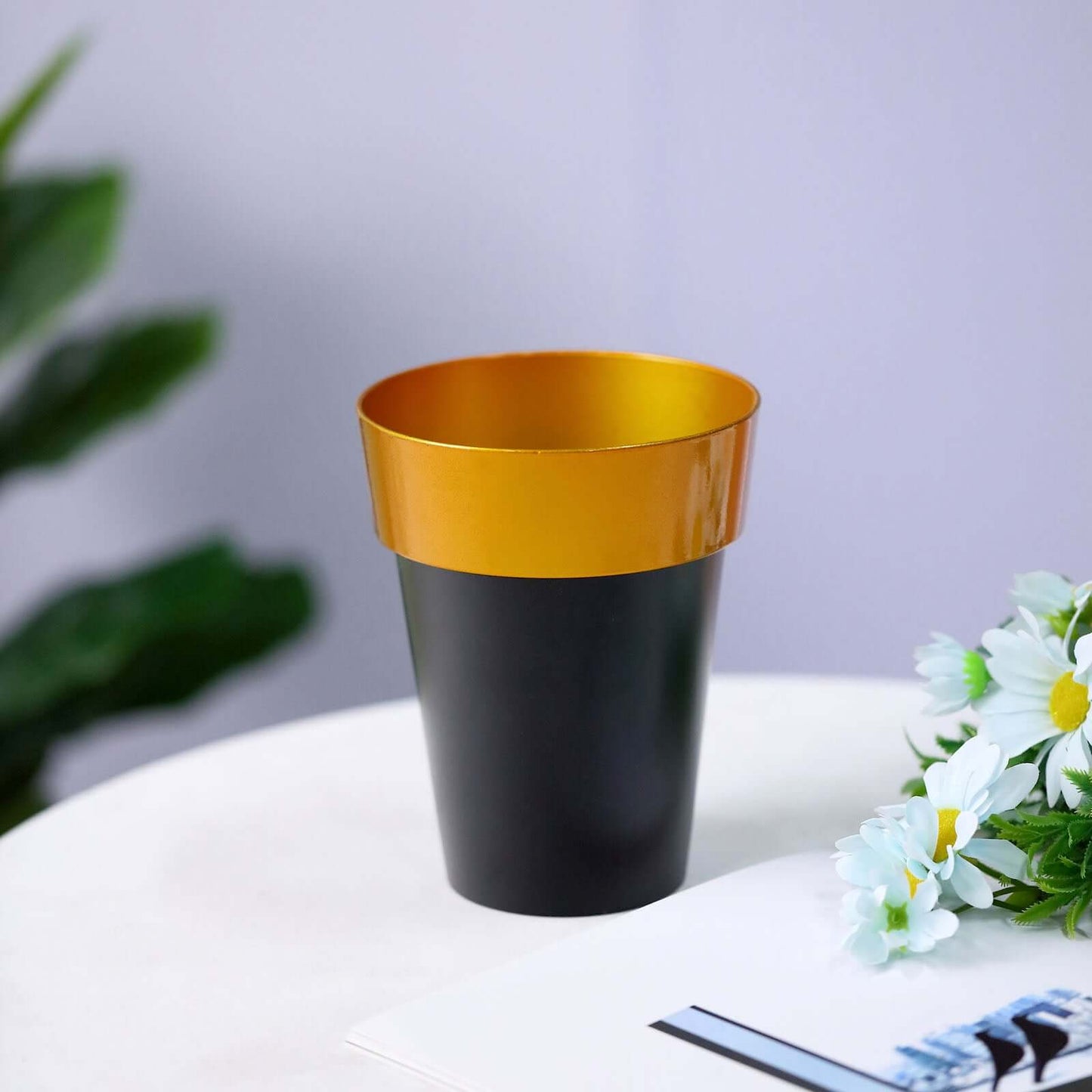2-Pack Flower Plant Pots Medium Design Black with Gold Rim - Plastic Indoor Decorative Planters 6"