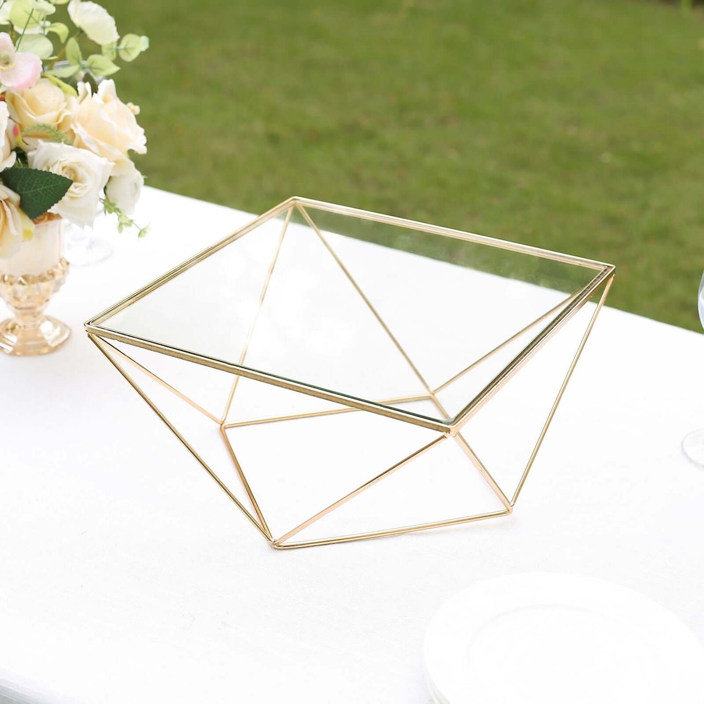 Metal Cake Stand Geometric Pedestal Riser Design Gold with Square Glass Top - Display Centerpiece 12"