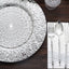 6-Pack Plastic Round Charger Plates 13" in Silver with Embossed Peacock Pattern, Stylish Disposable Charger Tableware