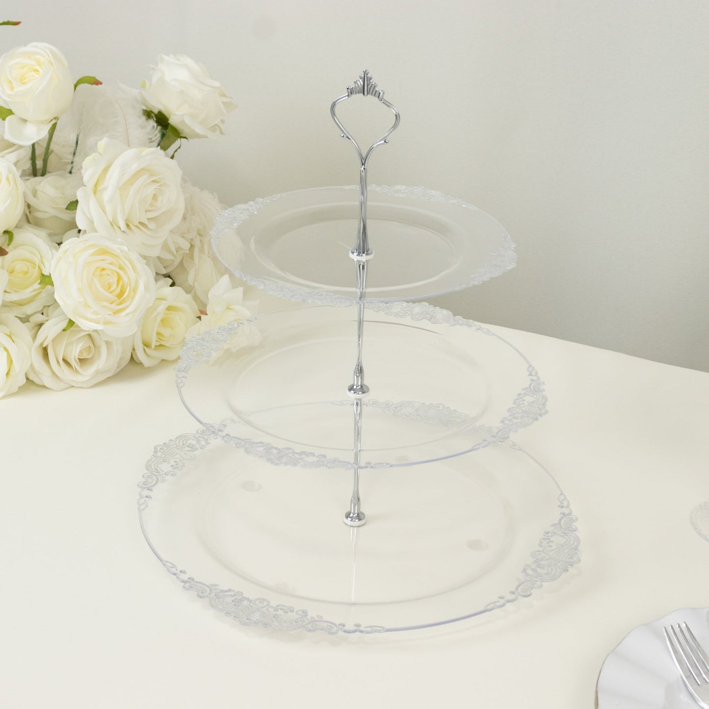 3-Tier Clear Plastic Cupcake Tower Stand with Silver Embossed Baroque Rim, 13" Round Cake Dessert Holder Display Stand Tiered Serving Tray with Top Handle