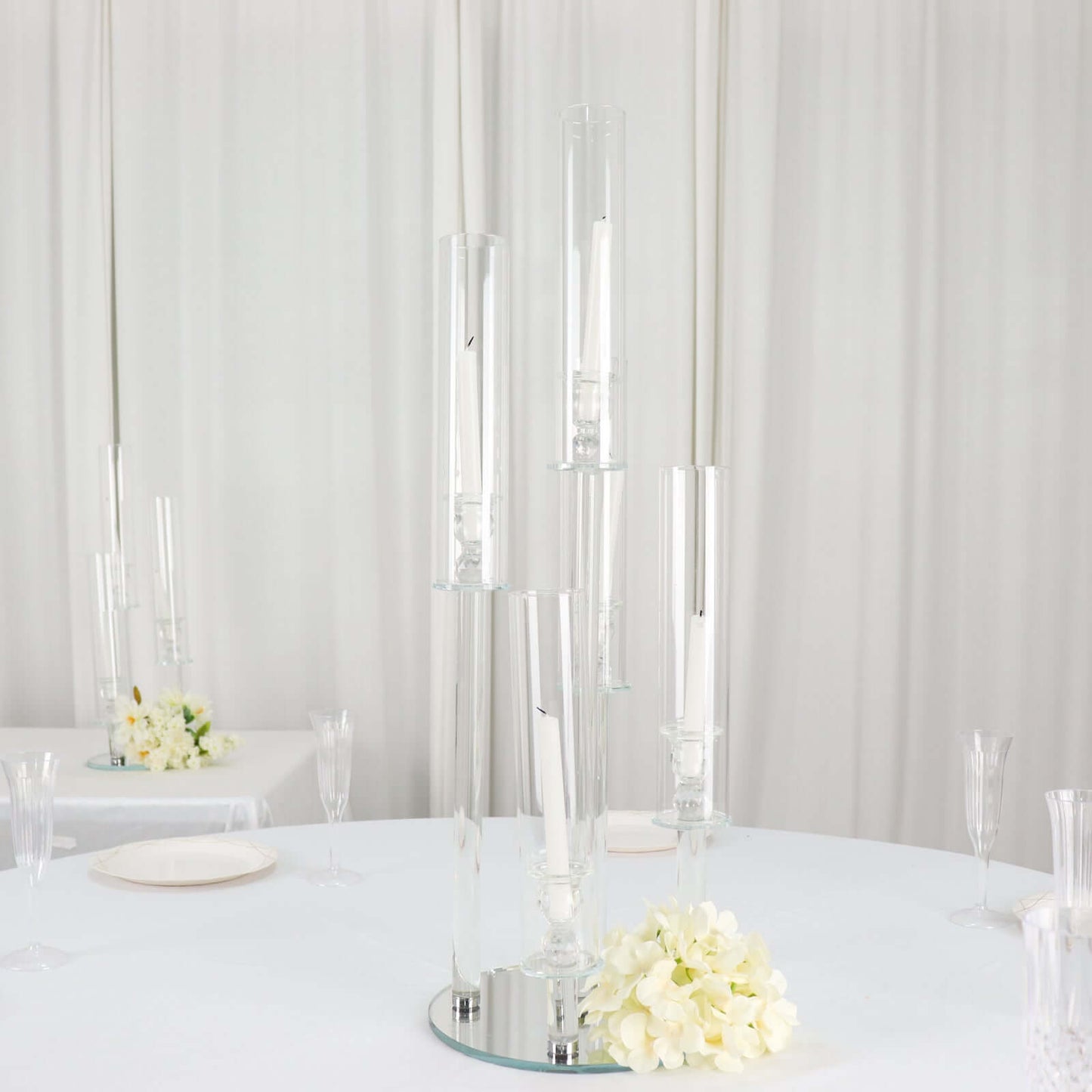 5-Arm Round Crystal Glass Candelabra Clear Taper Design - Chic Candle Holder Table Centerpiece for Weddings & Events 32"