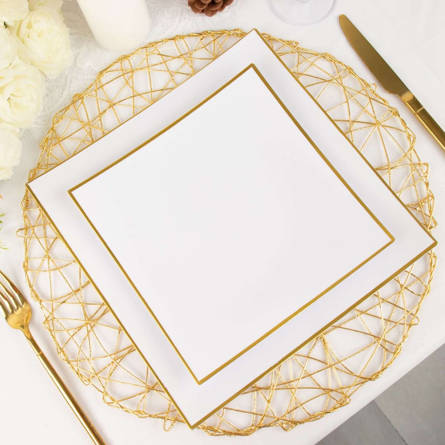 10-Pack Plastic 8" Square Dessert Plates in White Concave Style with Gold Rim - Modern Disposable Salad Appetizer Party Plates for Weddings & Special Events